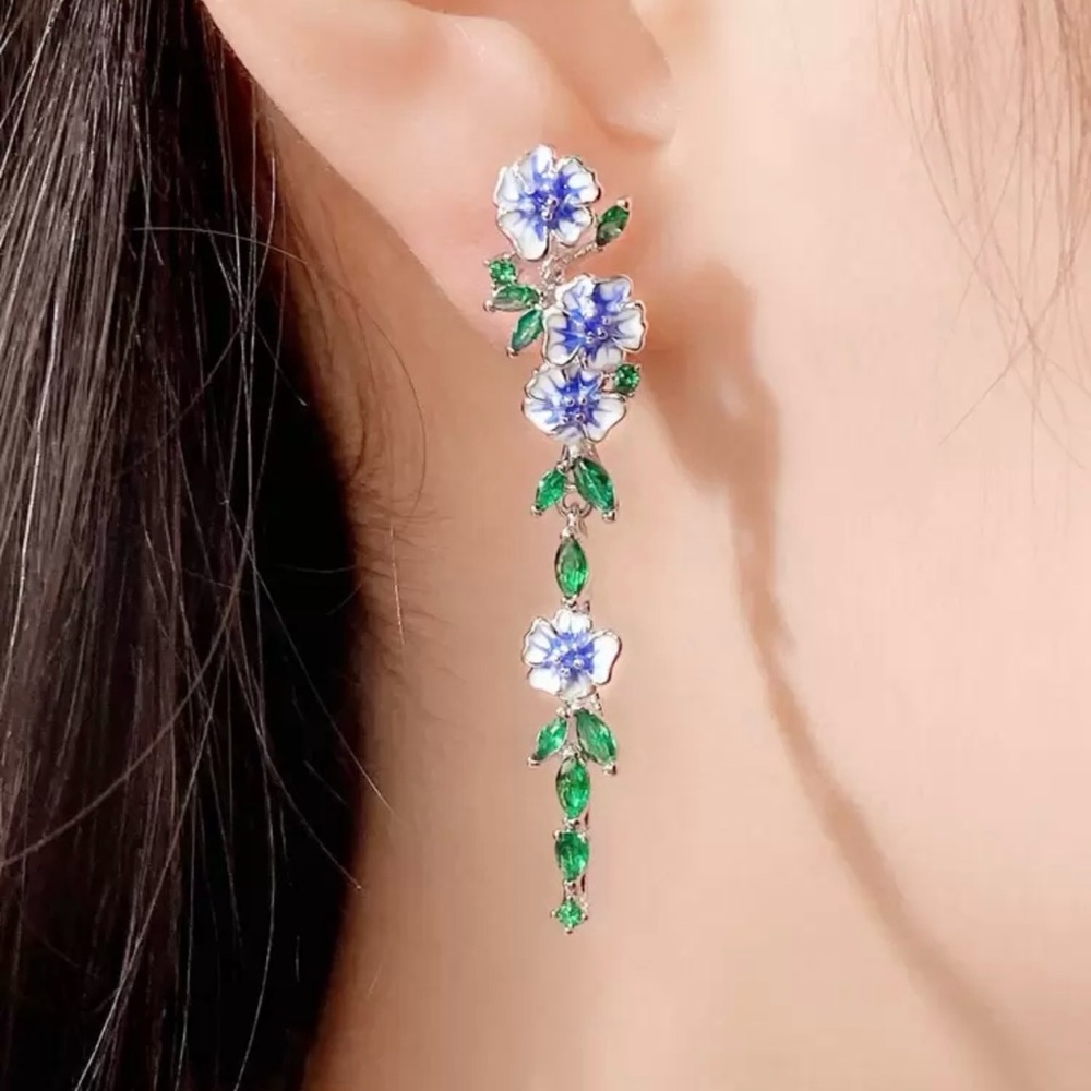 Floral Blue and Green Drop Earrings - Picture 2 of 5